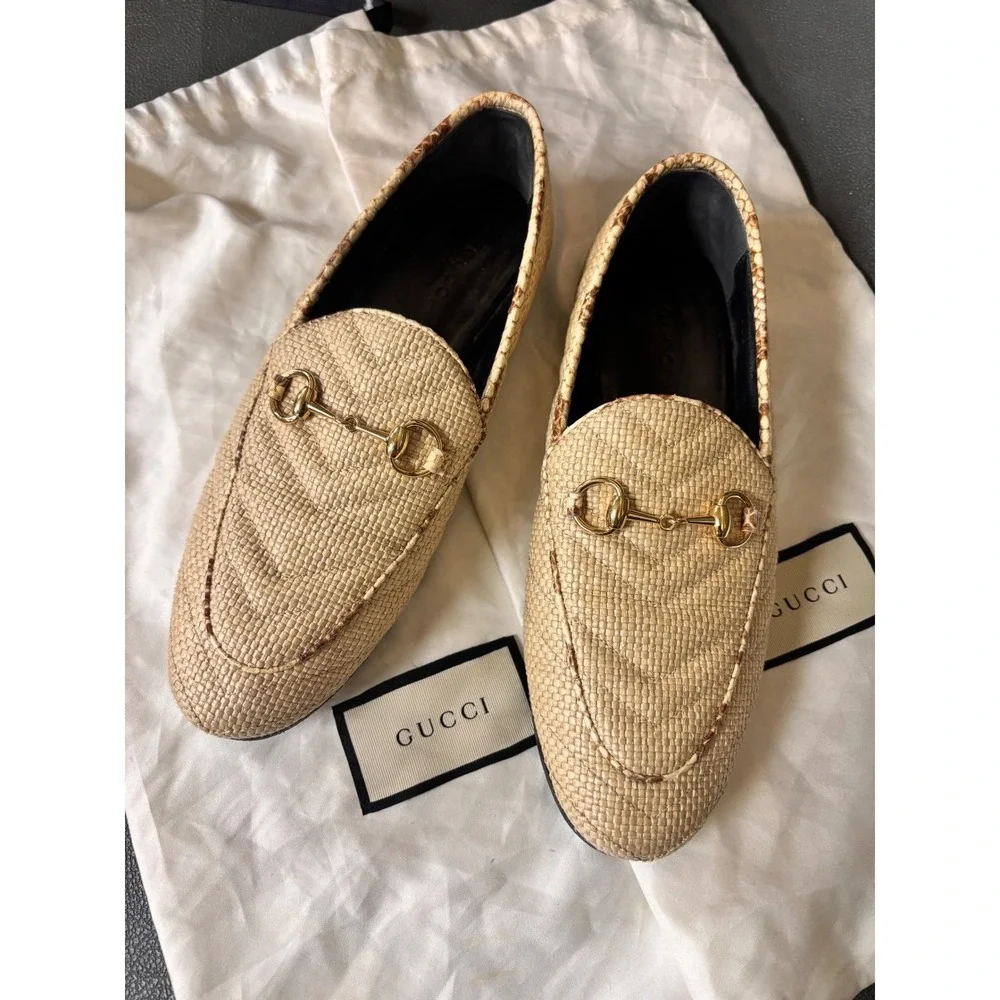 Gucci Jordaan Quilted‎ Raffia Horsebit Loafers 36.5